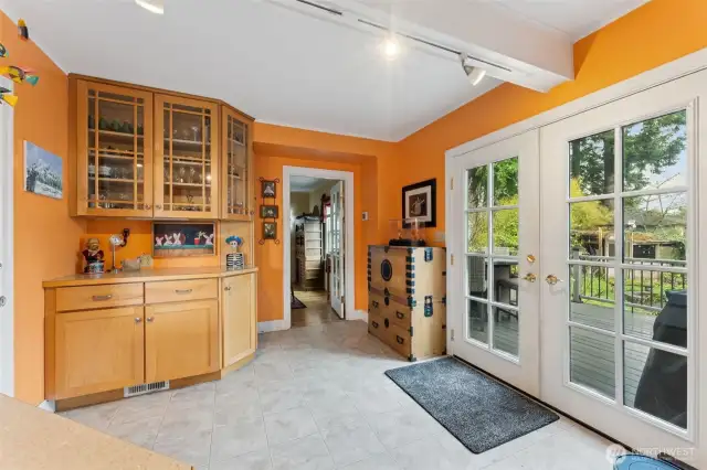 Kitchen corner for additional storage and counter space. French doors lead to spacious rear deck and yard.