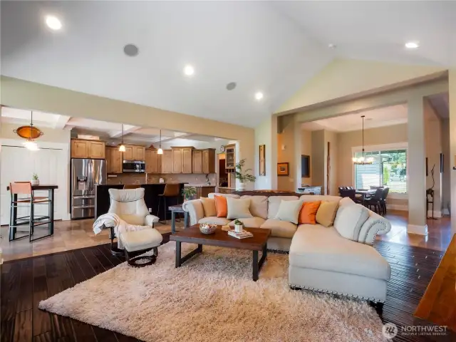 Open concept great room with the living room, dining room and kitchen.