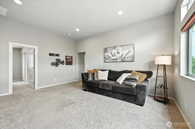 An oversized family room offers endless possibilities, including a wide wall ideal for a projector screen or large media display.