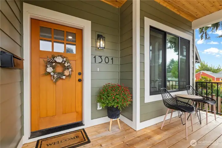 The covered front porch is a great spot to enjoy your morning coffee.