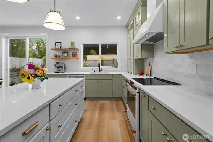 High end hardware and lighting throughout the kitchen.
