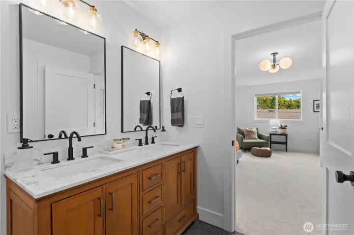 High end teak cabinets, hardware and finishes in the ensuite bathroom.
