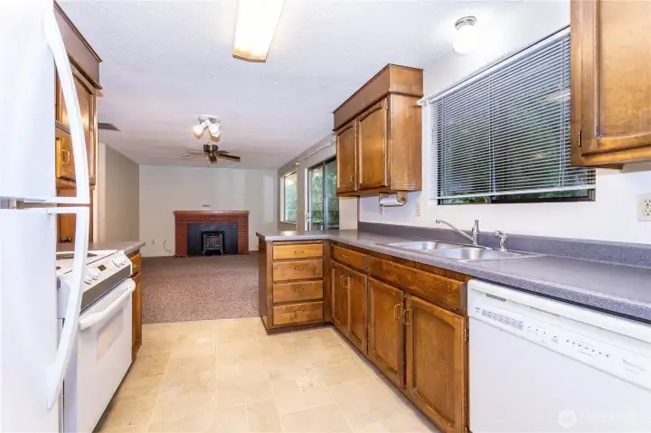 Kitchen view to family room & propane fire place.