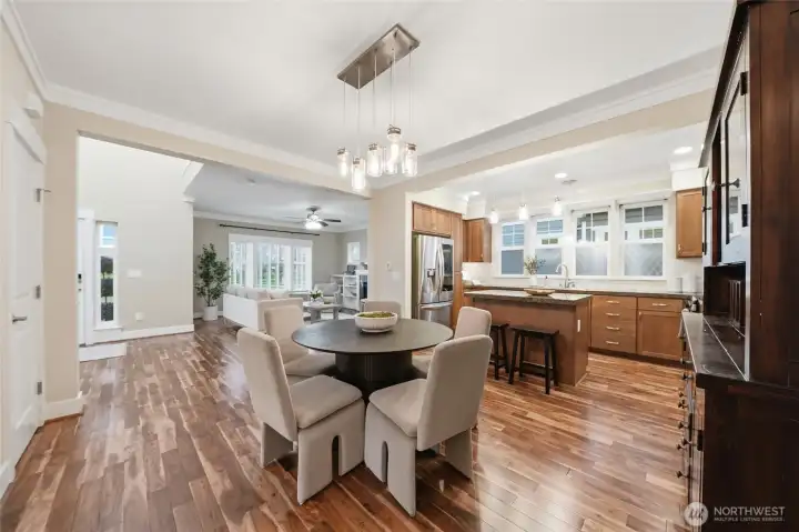 The dining area is spacious enough for a big dining table, or a smaller more intimate setup.