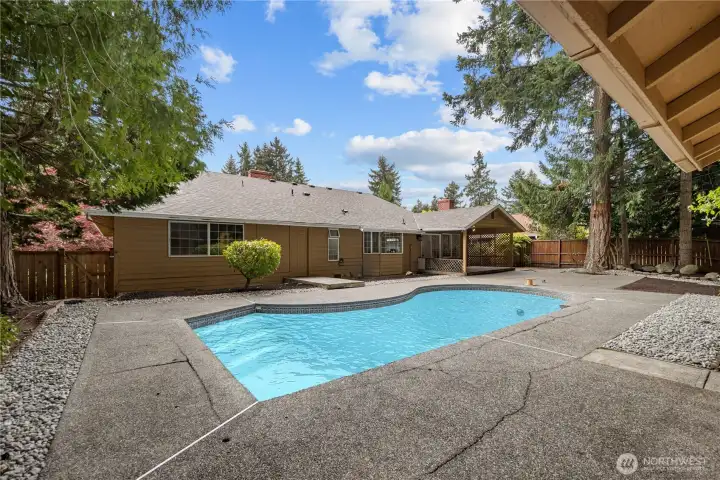 Pool shown with digitally added water for illustration; pool is currently empty.