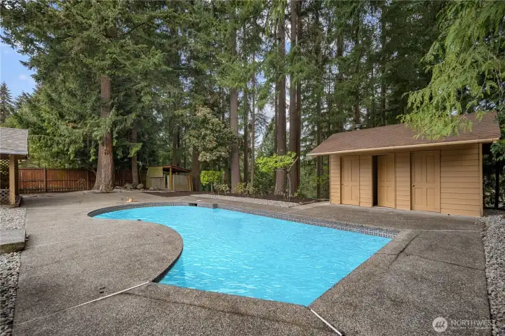 Pool shown with digitally added water for illustration; pool is currently empty.