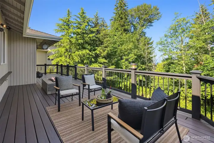Large back deck runs the length of the house. The section behind the photographer  is covered.
