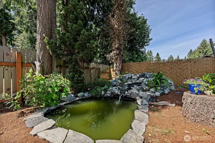Enjoy the soothing ambiance of a 3-tiered waterfall that beautifully complements the spa and covered patio, creating a tranquil outdoor retreat.