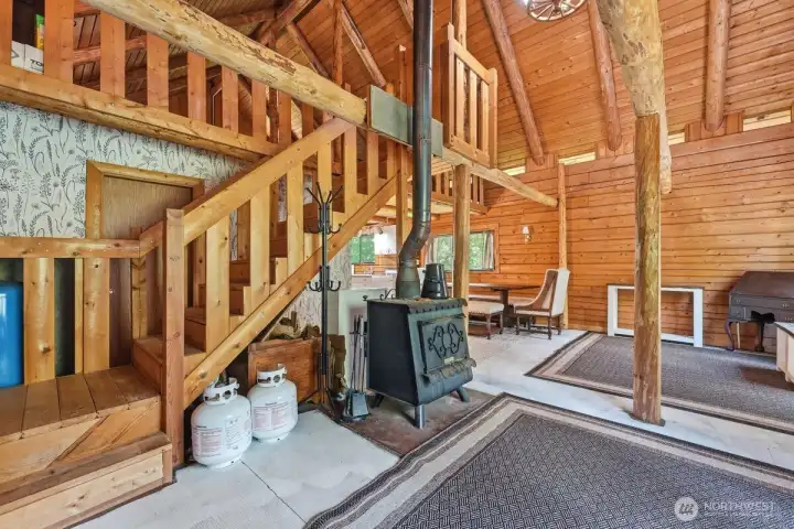 Family room with stairs to the huge loft area