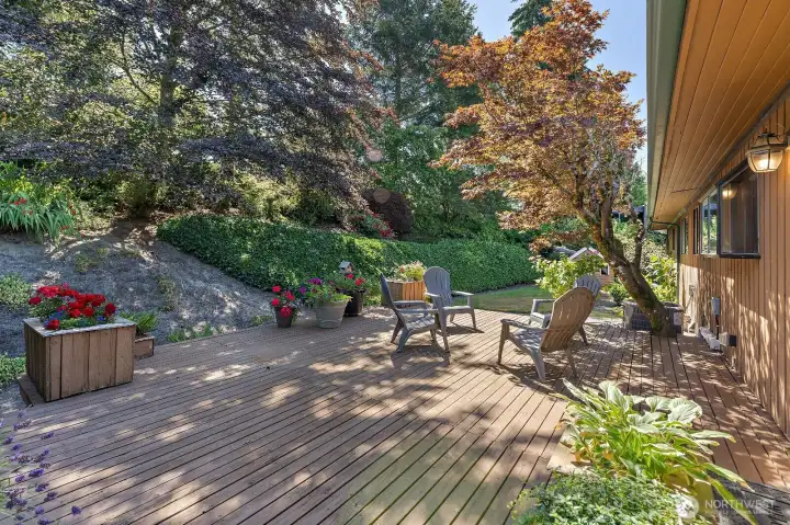 Back deck with mature plantings that are stunning. Back deck with mature plantings that are stunning.
