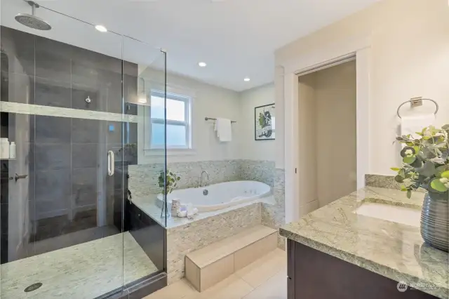 Primary bathroom with oversized shower and soaking tub.