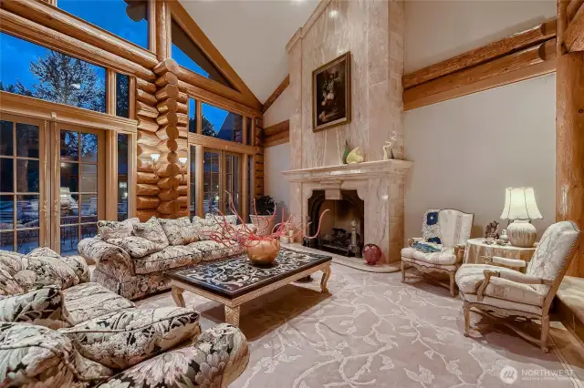 Beautiful full story fireplace with 25 foot ceilings.