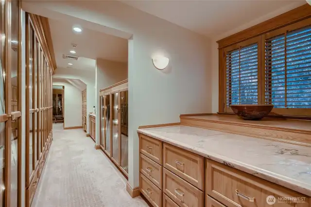 Dressing area complete with drawers and display areas.