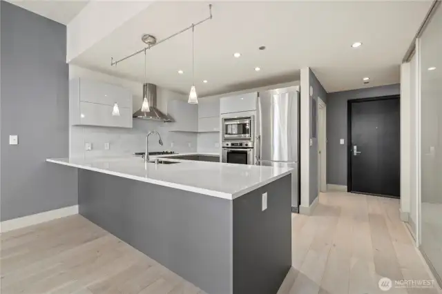 stunning new oversized quartz peninsula, new wide plank wood floors, new pedini modern cabinets