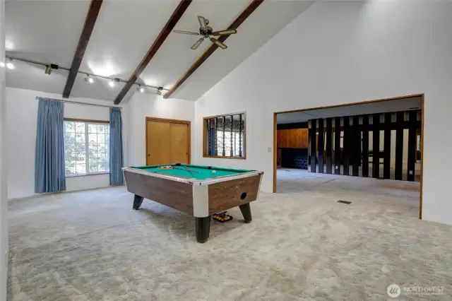 Family room with vaulted ceiling