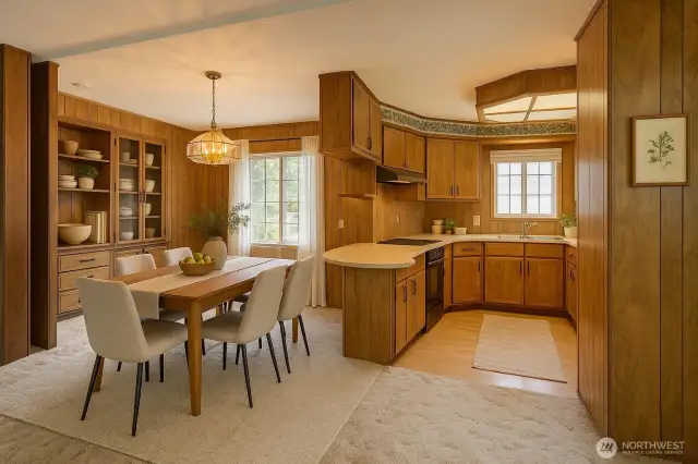 Kitchen and dining area, virtually staged