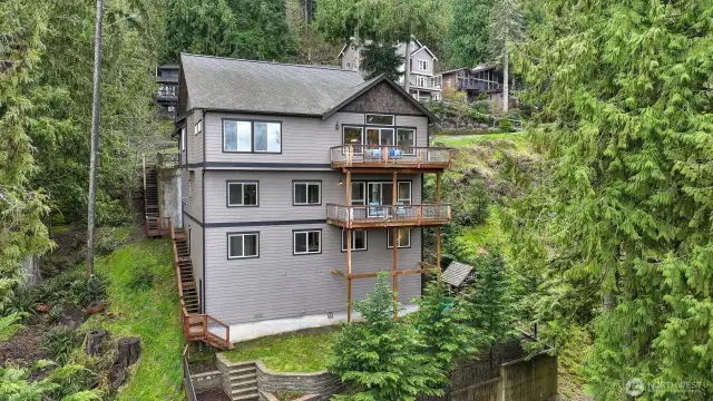 Outside stairs to access each level and storage