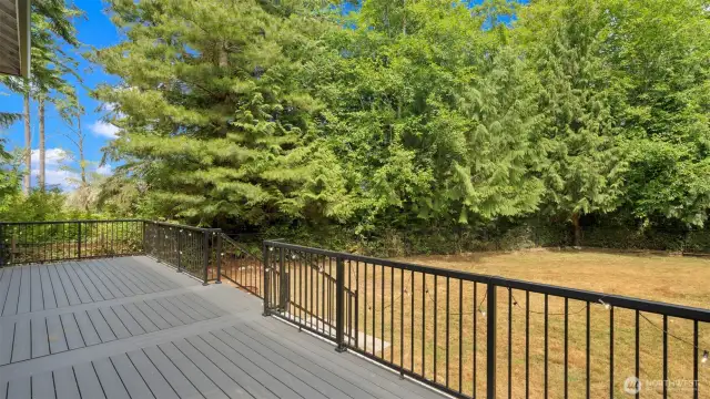 Large fully fenced backyard with a peak-a-boo view of the Olympics