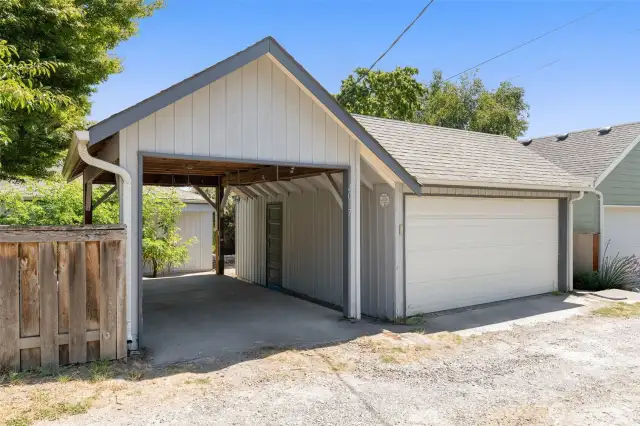 Detached 2-car garage + carport off alley- parking for 3 vehicles!!