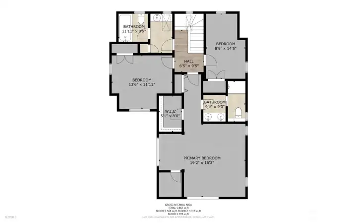 Floor plan top floor. 3 bedrooms on the top floor including a lavish primary suite with nice winter views of Lake Washington and 2 walk in closets!