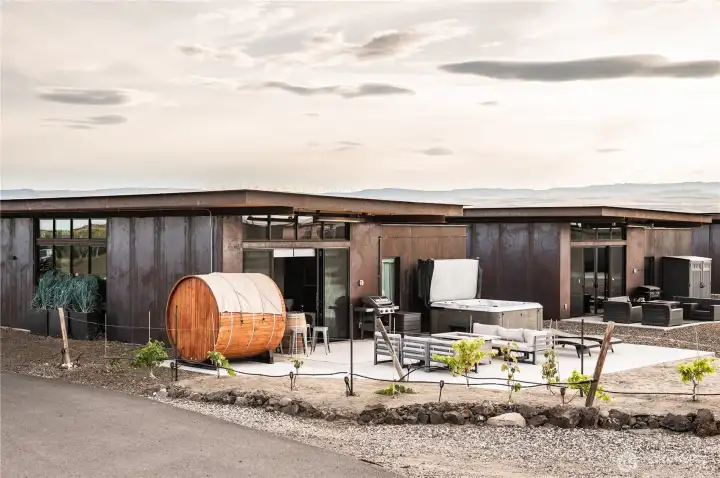 The outdoor setting is lavish and has it's own little orchard to enjoy.