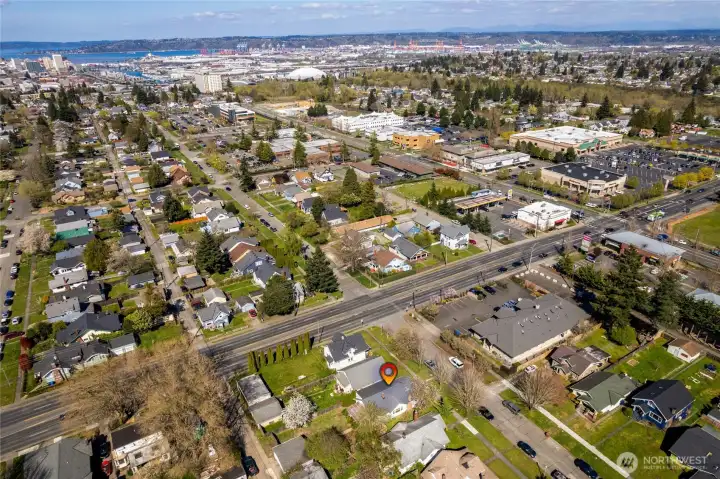 Drone shot to show proximity to downtown Tacoma and waterfront.