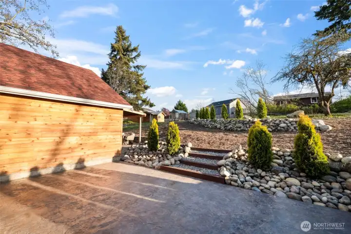 Gorgeous stamped concrete looking out to the backyard