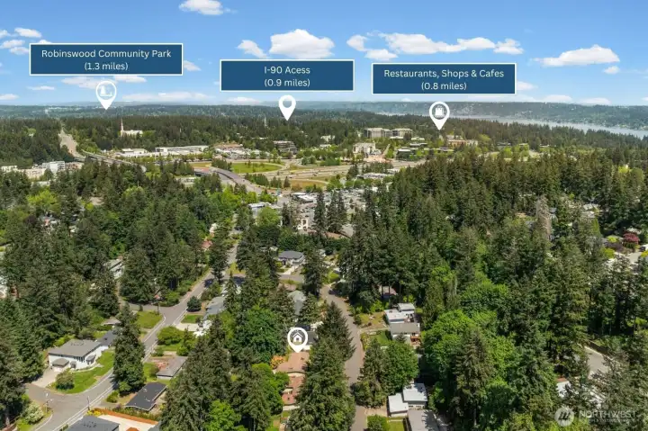 I-90 access is less than a mile away, restaurants and cafes are just 0.8 miles out, and Robinswood Community Park is 1.3 miles — everything you need is right outside the door of this Eastgate Bellevue rambler.