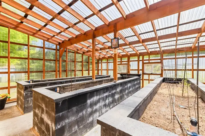Inside green house with nice raised beds