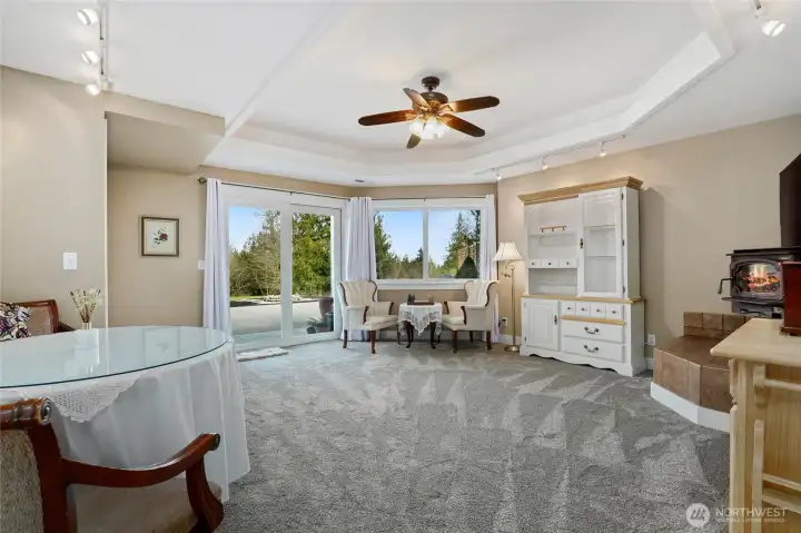 Spacious rec room downstairs w/wood stove, sliders off to huge patio. Great for entertaining or studio.