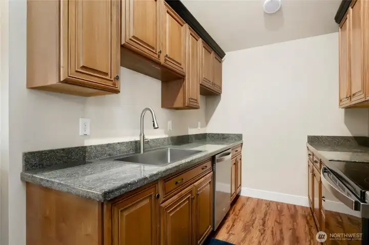 Kitchen in apartment over garage. Nice cabinets & quartz countertops. SS Sink, black & ss appliances.