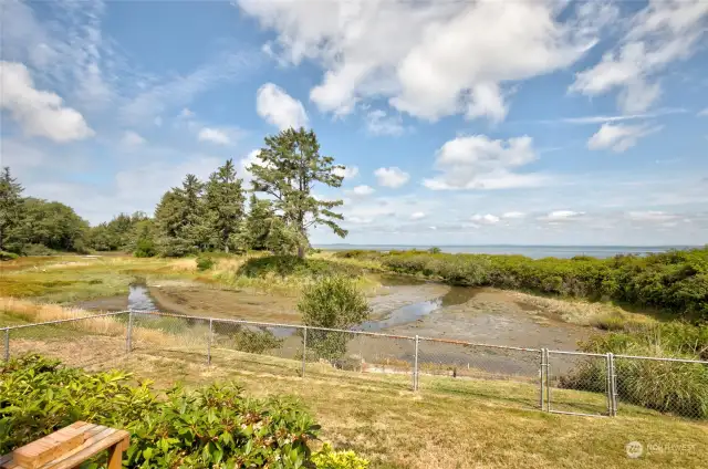 Stunning views of the Bay and a natural estuary from this home.