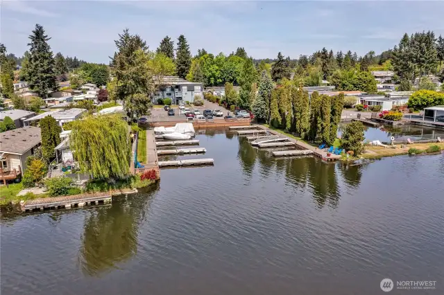 Aerial View of the waterfront, docks and Condo Building