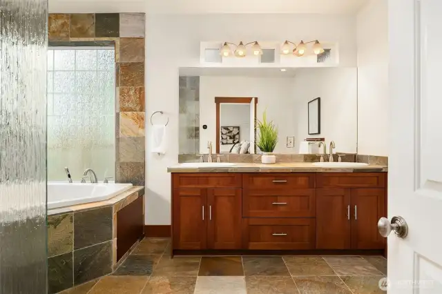 5-Piece Primary Suite bathroom with double vanity and walk-in shower.