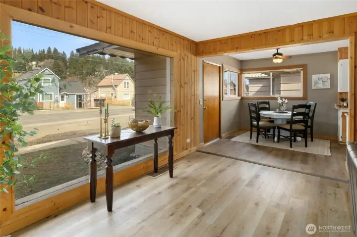 A view out of the floor to ceiling window in the living room.