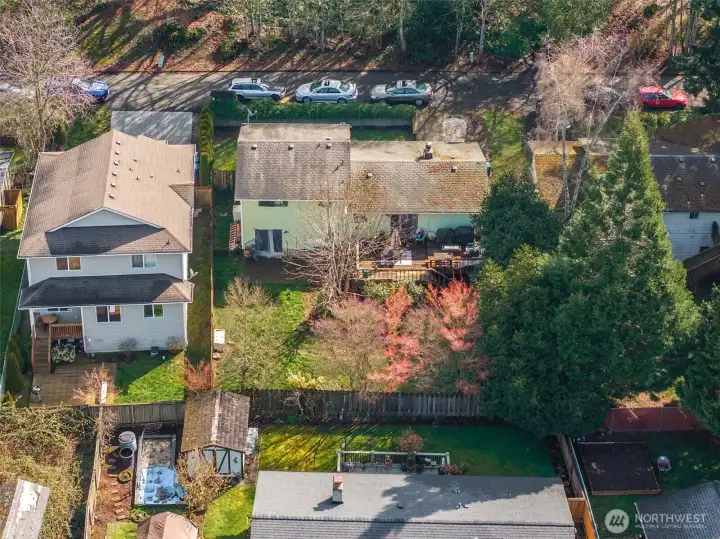 Aerial view showcasing the backyard, surrounding homes, and established neighborhood setting with mature trees.