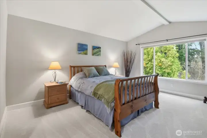Spacious primary bedroom with view to verdant back yard and green space.