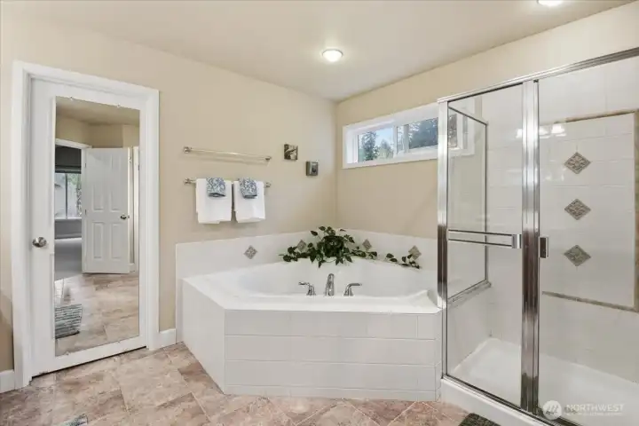 Luxurious primary suite featuring a relaxing soaking tub, separate shower, spacious walk-in closet, and dual vanities for added comfort and convenience.