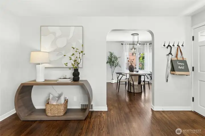 The living room seamlessly flows into the dining room.