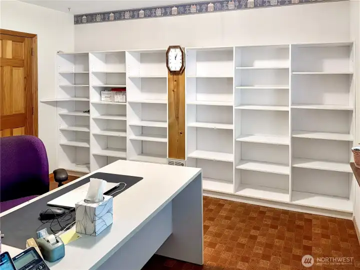 Close up of office shelving.