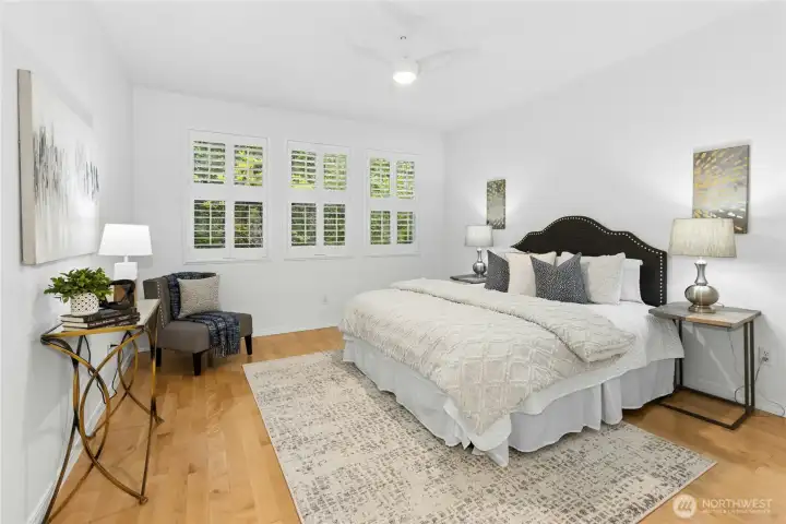 Primary bedroom large enough for king size bed. All north facing windows upgraded with soundproof window panes in 2025 for extra comfort.