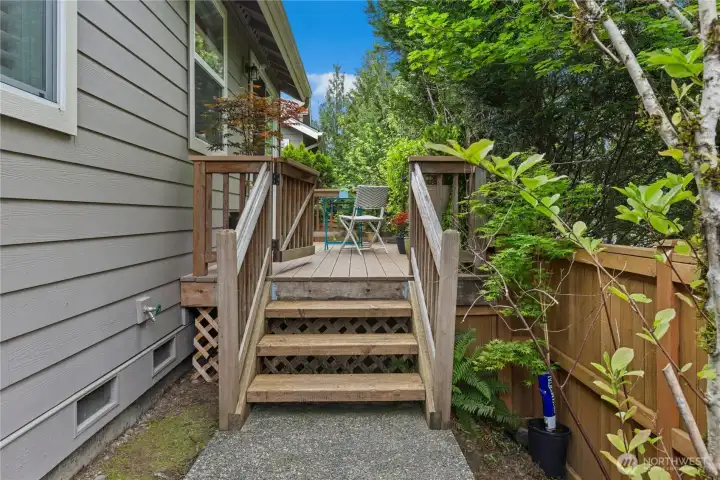 Step down from gated deck into backyard.