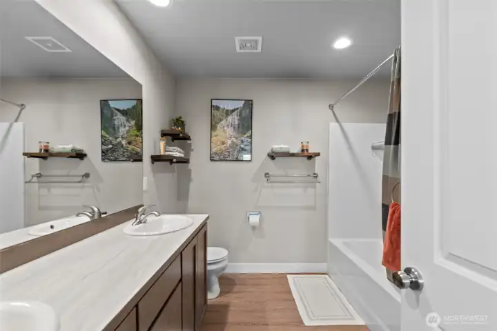 Bath of primary bedroom. Double vanity.