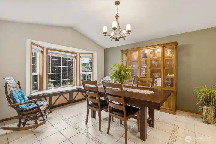 Dining room with tile floors.