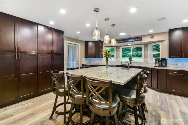 Kitchen with beautiful pendant lighting and generous counter space