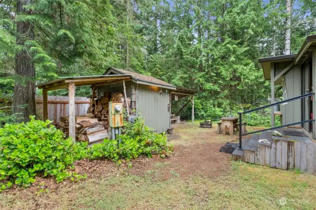 Stepping out of the home (on the right) you'll find a shed with power and a covered picnic area.