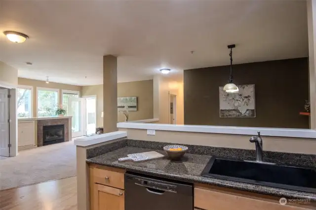 View from kitchen through to living dining room.