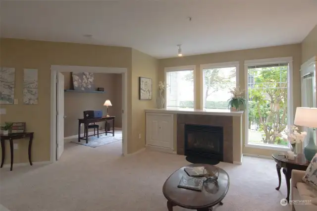 Beautiful family room with gas fireplace.