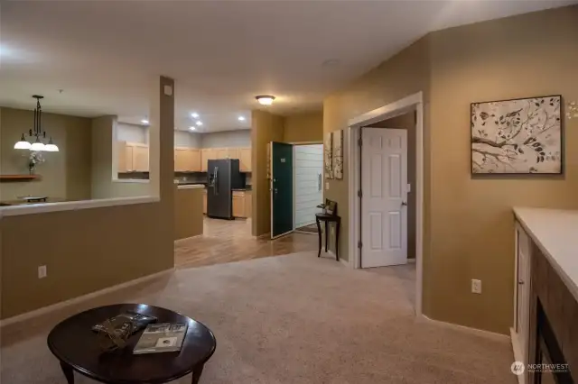 Great room feel, open family room, dining and kitchen.