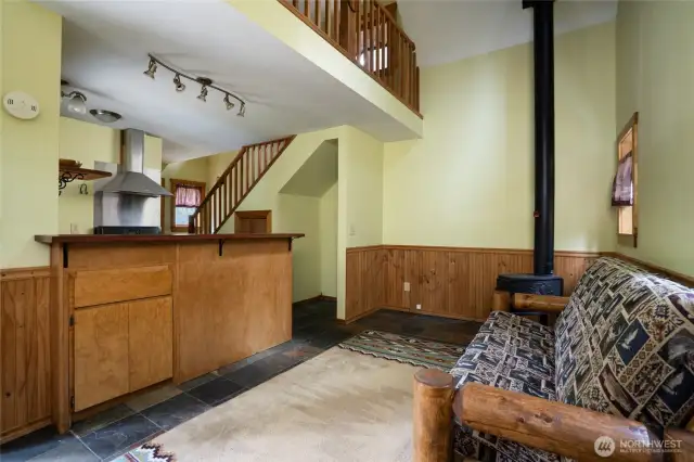 Wood trim and wainscoting add warmth to the space.